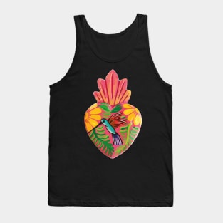 Mexican folk art sacred heart Oaxacan wood carving hand painted flower hummingbird milagrito bold pink decoration Tank Top